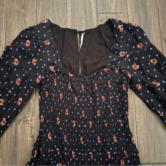 Free People Two Faces Black Smocked Floral Square Neck Mini Dress XS - Picture 3 of 8